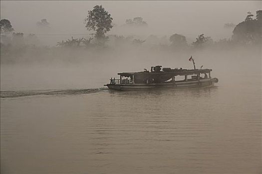 船,薄雾,早晨,河,婆罗洲,印度尼西亚