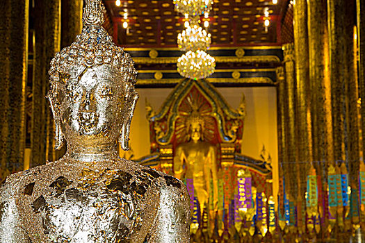 泰国,清迈,帕辛寺,庙宇,佛像,遮盖,金箔,供品