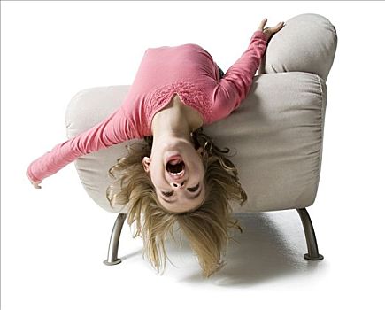 女孩,向后弯曲,上方,沙发