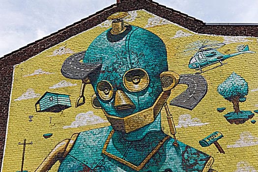 机器人,壁画,街头艺术,艺术家,像素,杜塞尔多夫,北莱茵威斯特伐利亚,德国,欧洲