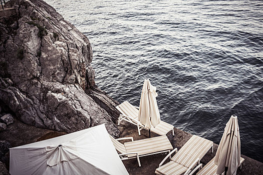 空,沙滩椅,岩石海岸,俯拍,克罗地亚