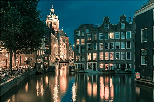夜晚,阿姆斯特丹,运河,教堂,桥