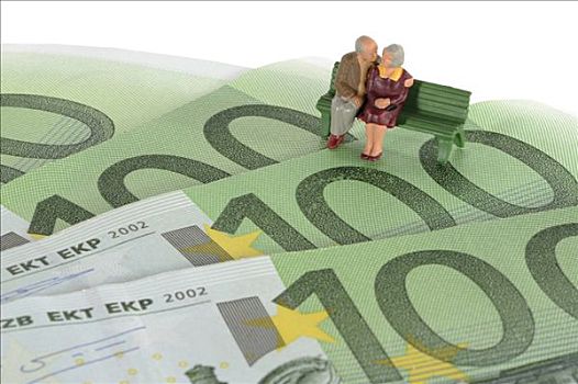 塑像,两个,老人,坐,欧元,货币,象征,养老金,计划,退休