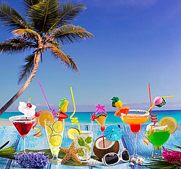 海滩,彩色,许多,热带,鸡尾酒,蓝色,木头,椰树,薄荷叶松香,玛格丽塔酒,棕榈树