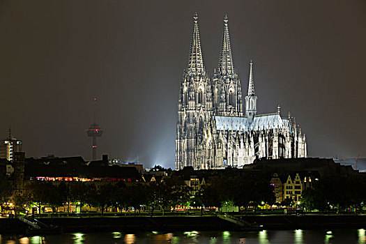 科隆大教堂,光亮,夜晚,莱茵河,科隆,北莱茵威斯特伐利亚,德国,欧洲