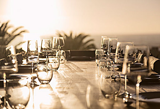 玻璃杯,晴朗,日落,庭院桌