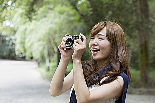 女人,京都,公园,拿着,相机