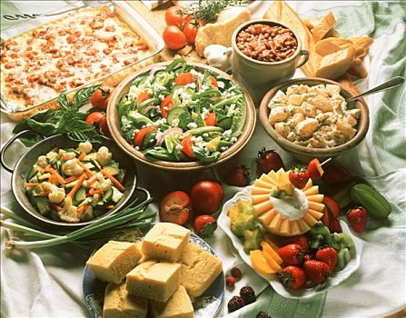 自助餐,烤宽面条,种类,沙拉,玉米面包,豆,水果