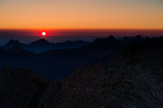 日出,高处,顶峰,阿尔卑斯山,奥伯斯多夫,巴伐利亚,德国,欧洲
