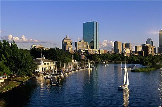 俯拍,帆船,河,查尔斯河,波士顿,马萨诸塞,美国