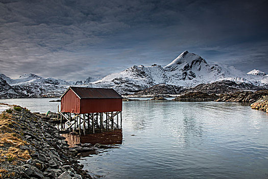 积雪,山,后面,捕鱼,小屋,上方,湖,罗浮敦群岛,挪威