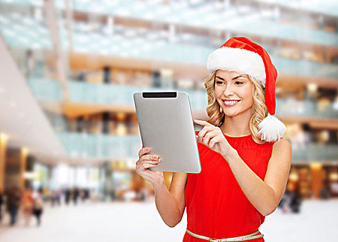 圣诞节,科技,礼物,人,概念,微笑,女人,圣诞老人,帽子,平板电脑,电脑,上方,购物中心,背景