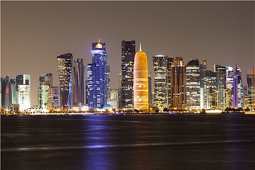 多哈,城市天际线,夜晚,卡塔尔