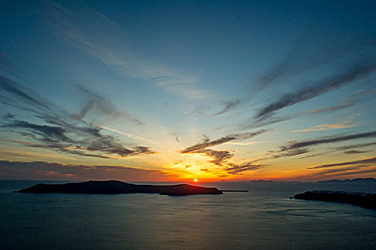 日落,上方,海洋,地平线,锡拉岛,希腊