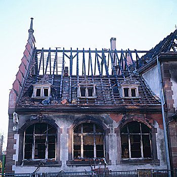 毁坏,房子,火,损坏,屋顶,框架,斯特拉斯堡,阿尔萨斯,法国
