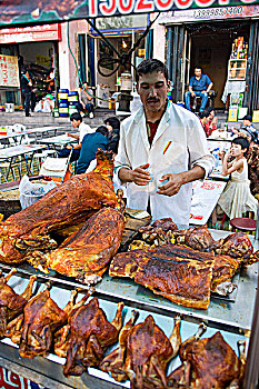 烤鸡,羊羔,展示,食品摊,夜市,乌鲁木齐,新疆,维吾尔,地区,丝绸之路,中国