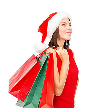 销售,礼物,圣诞节,圣诞,概念,微笑,女人,红裙,圣诞老人,帽子,购物袋
