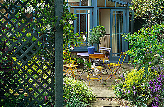涂绘,花园椅,小,桌子,路,内庭