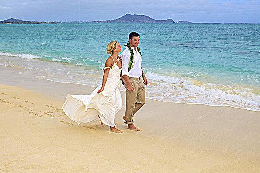 夏威夷,瓦胡岛,魅力,新婚夫妇,走,海滩
