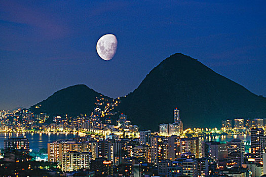 巴西,里约热内卢,二次曝光,月亮,高处,湖,夜晚