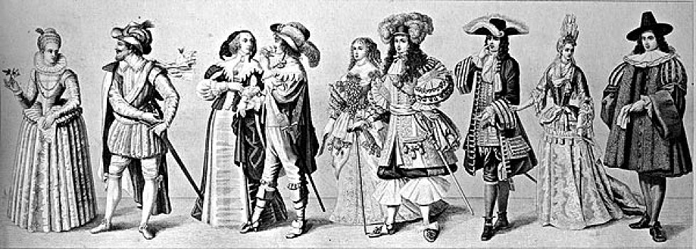 历史文化,左边,两个,荷兰,服饰,法国,时尚,路易十四,妻子,女士,纽伦堡,历史,插画