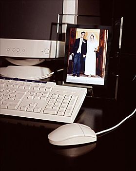 婚礼,照片,靠近,电脑