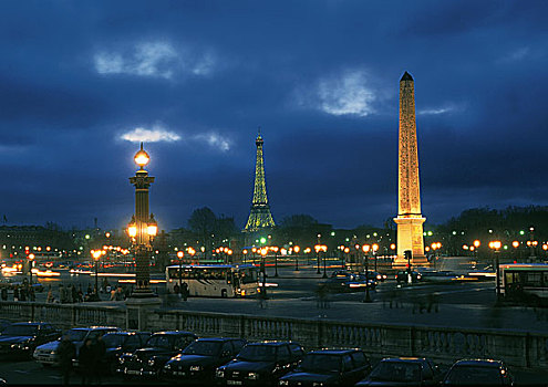 夜景,巴黎,协和飞机,方尖塔,埃菲尔铁塔,背景