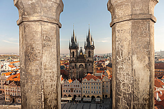 俯视,老城广场,圣母大教堂,布拉格,捷克共和国