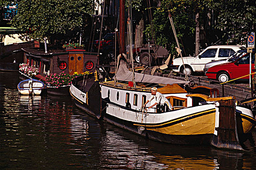 船,停靠,运河,阿姆斯特丹,荷兰