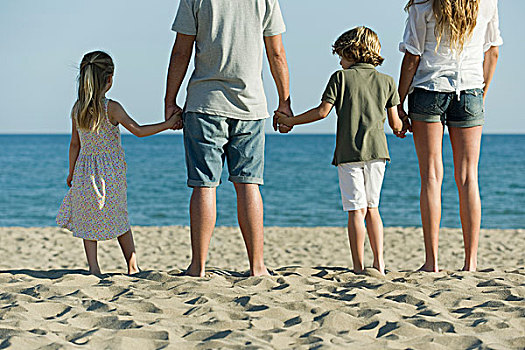 家庭,握手,海滩,后视图