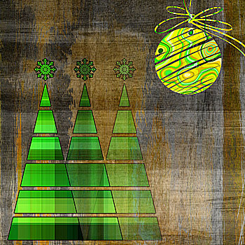 艺术,三个,圣诞树,球,智慧,绿色,黄金,彩色,旧式,灰色,米色,图案,背景