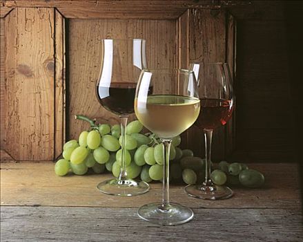 玻璃,相互,白色,红色,玫瑰葡萄酒,正面,葡萄