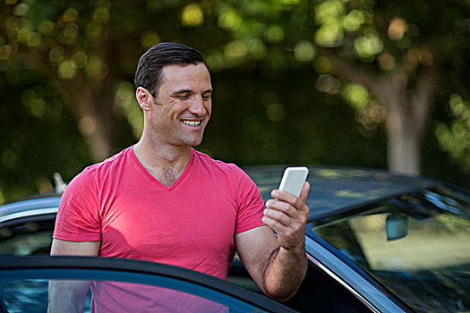 男人,打手机,汽车,微笑