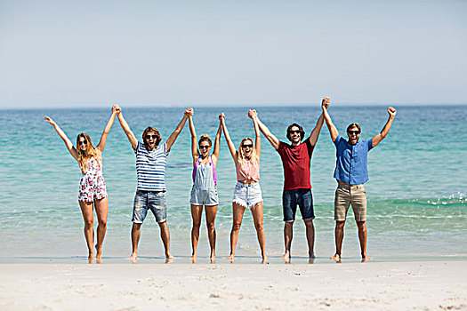 朋友,握手,抬臂,海滩,愉悦,岸边,晴天