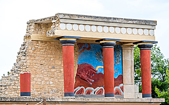 柱子,壁画,弥诺斯文明,寺庙,克诺索斯,宫殿,古城,伊拉克利翁,克里特岛,希腊,欧洲