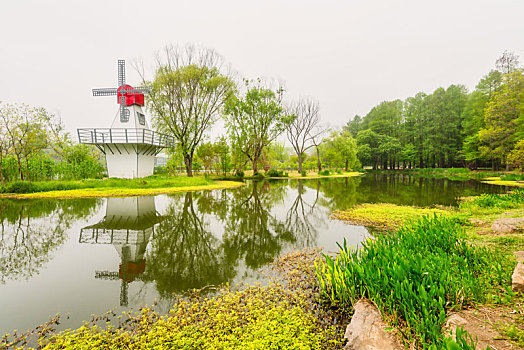 南京中山植物园池塘风车园林建筑