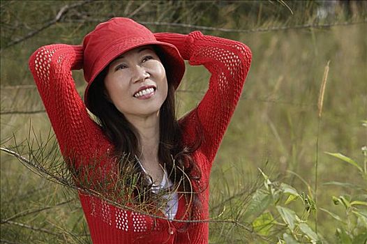 女人,戴着,红色,帽子,户外,自然,微笑