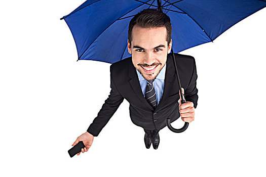 微笑,商务人士,伞,拿着,智能手机