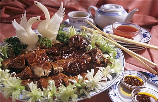 北京烤鸭,大浅盘,多样,酱