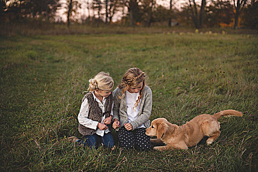 两个女孩,坐,地点,宠物,狗