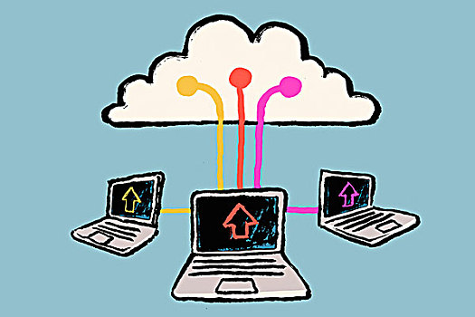 插画,笔记本电脑,联系,云,蓝色背景