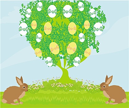 复活节,卡,兔子,树