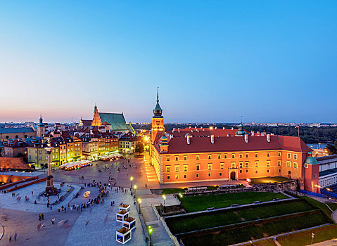 俯视图,城堡广场,皇家,城堡,老城,黄昏,华沙,波兰,欧洲