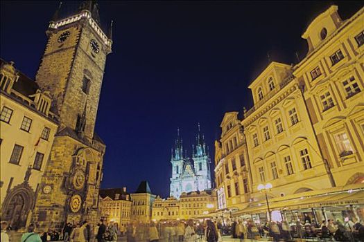 捷克共和国,布拉格,一堆,老城广场,市政厅,提恩教堂,背影