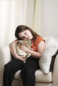 女孩,肖像,拿着,兔子