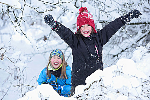 头像,两个女孩,玩雪,冬天,巴伐利亚,德国