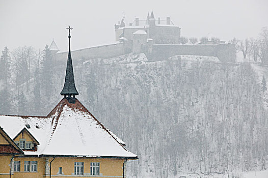 瑞士,弗里堡,城堡,15世纪,城镇,冬天