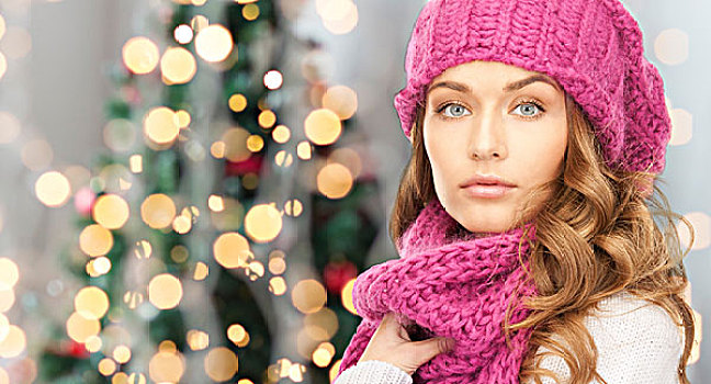 高兴,寒假,人,概念,特写,少妇,粉色,帽子,围巾,上方,圣诞树,背景