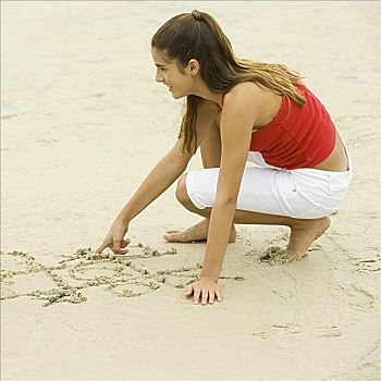 特写,女孩,沙子,海滩