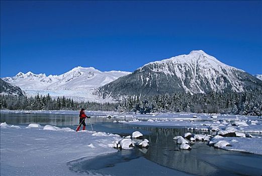 男人,越野滑雪,湖,冬天